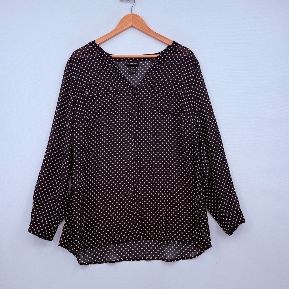 Lane Bryant Polka Dot Blouse Women 14/16 Black White Chiffon Button Up Sheer